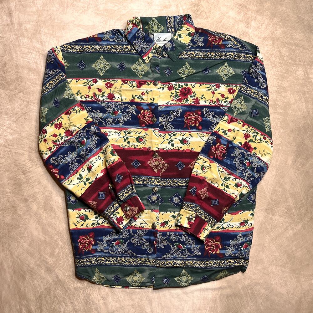 Vintage 90s Southwestern Floral Rose Button Up Western Shirt Multicolor Rodeo